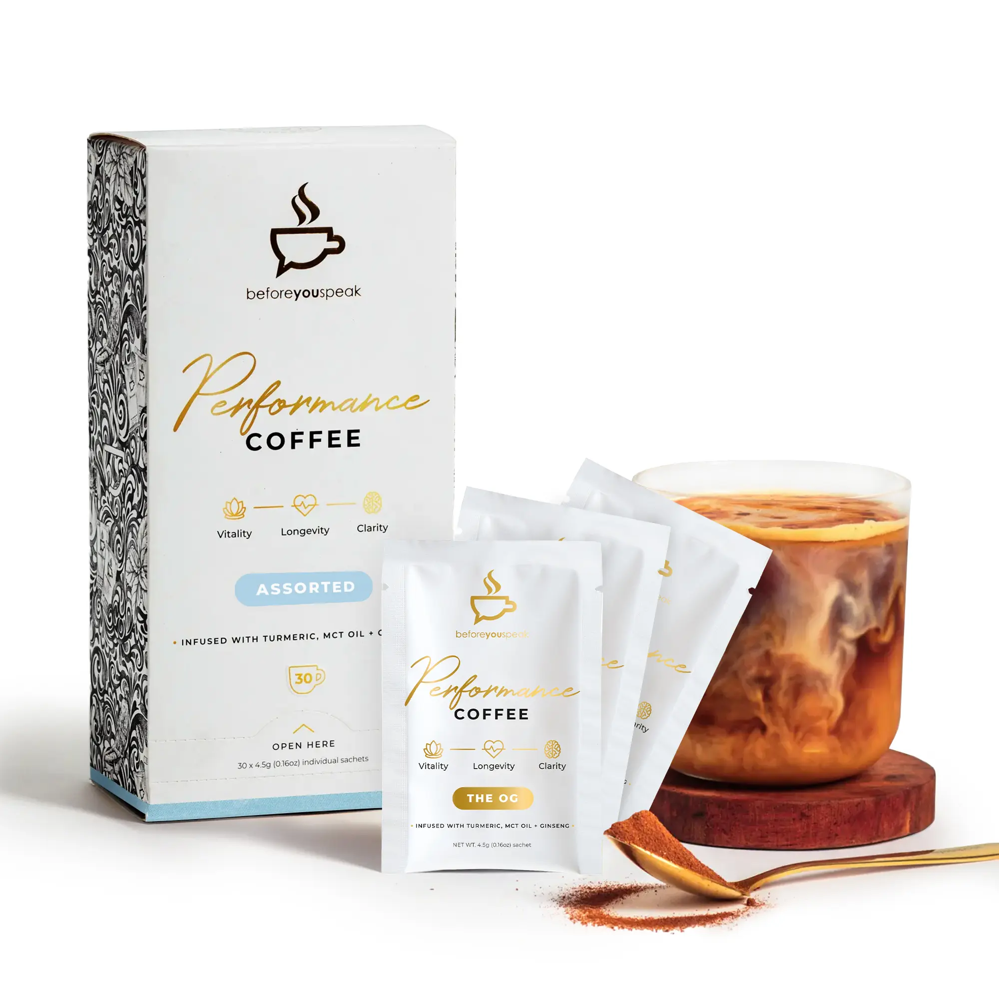 Beforeyouspeak Performance Coffee - Variety Pack, 30 Serve, Instant Colombian Coffee with Functional Ingredients, Single Serve Sachets, Keto & Vegan Friendly, Gluten Free, Dairy Free, No Added Sugar