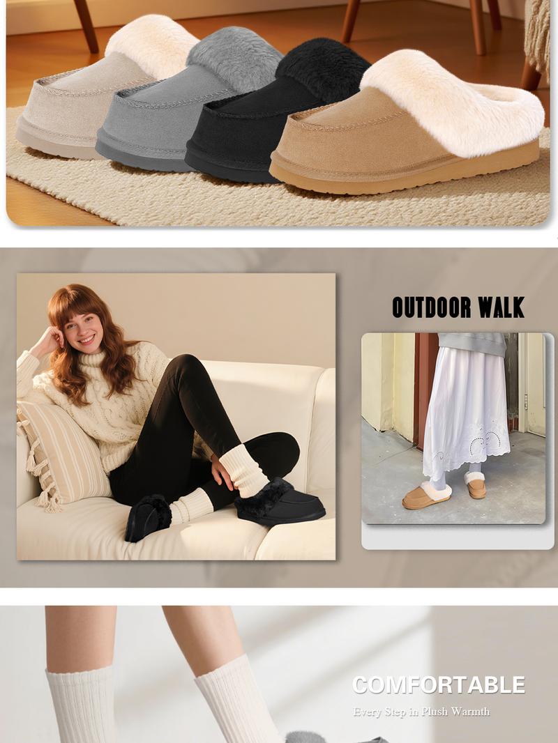 FITORY Women’s Suede Slippers with Faux Fur, Winter Warm Memory Foam Comfort Indoor Outdoor Non-Slip Shoes, Size 6-11 Brown