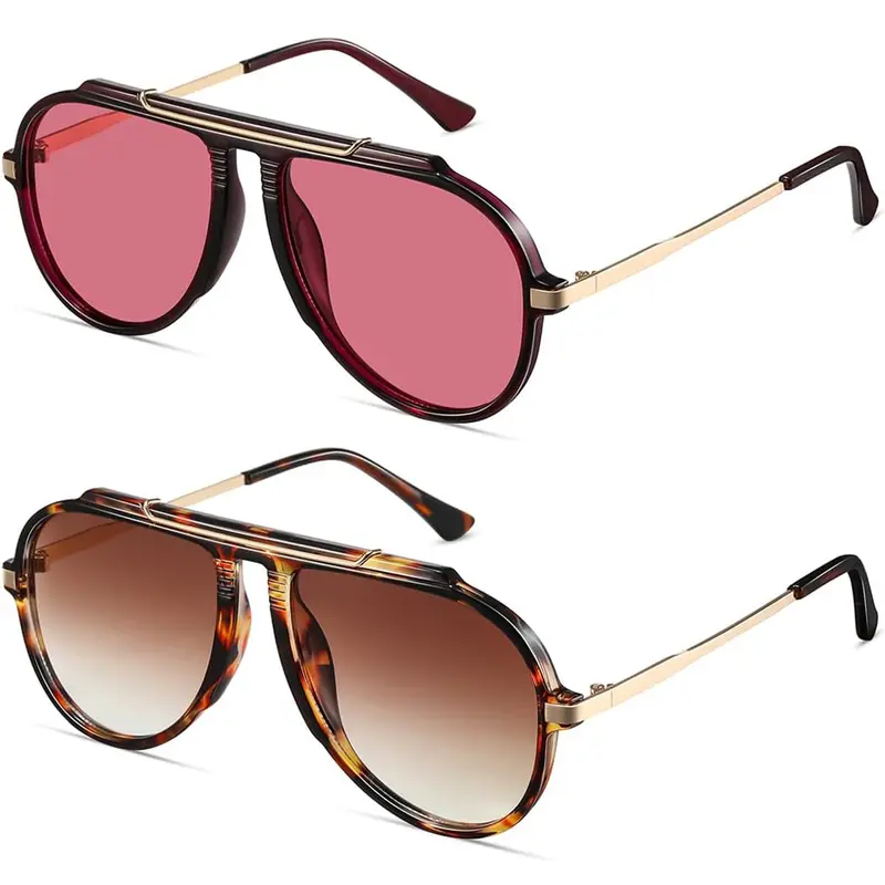 Women's Oversized 70s Retro Gold Metal Tangle-Free Square Aviator Sunglasses, 1-2Pcs 2026 Stylish Eyewear for Men, Fashion Accessories, Womens Sunglasses