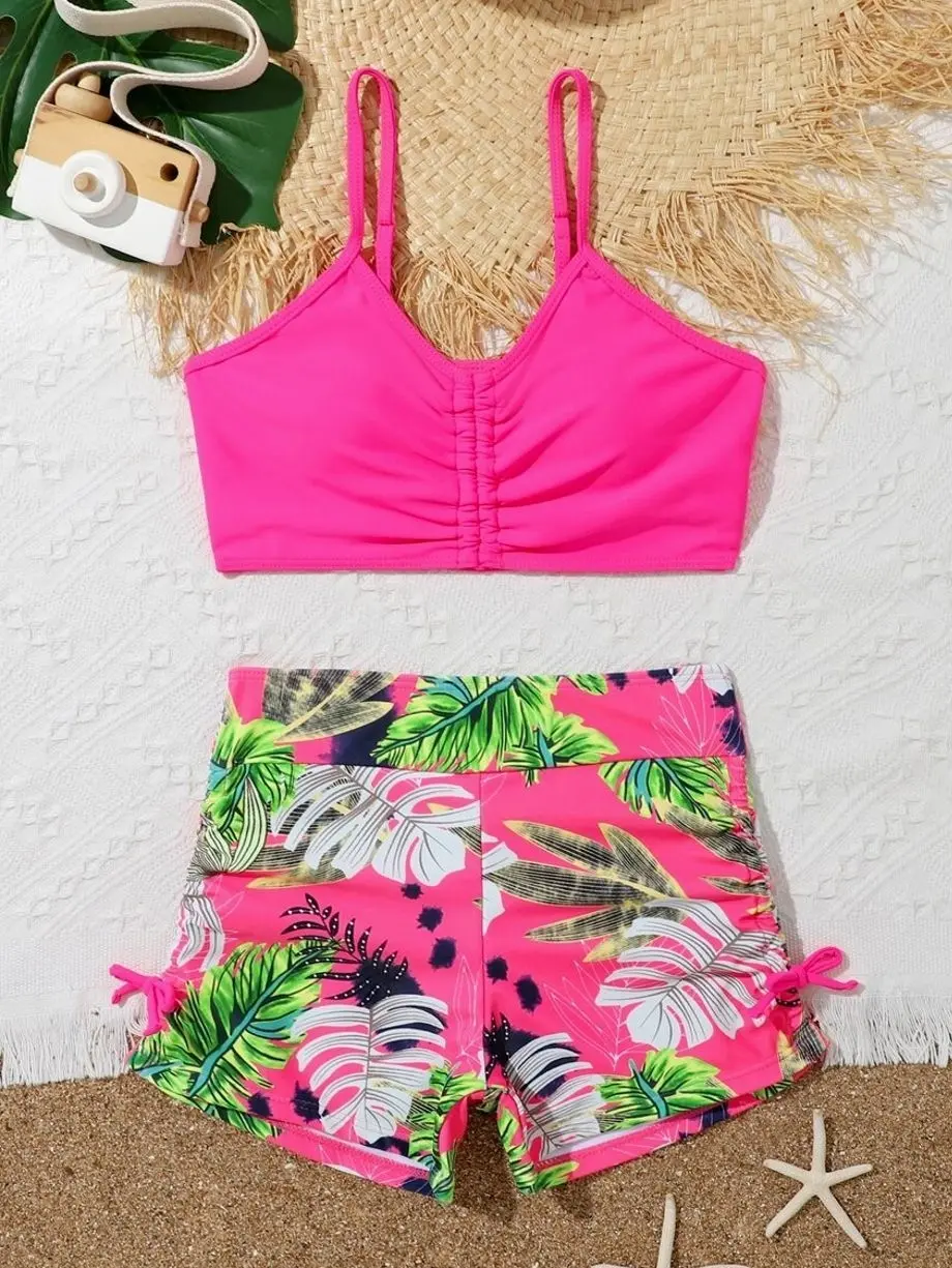 Tropical Print Ruched Bikini Set - Summer Beach Swimwear for Tweens