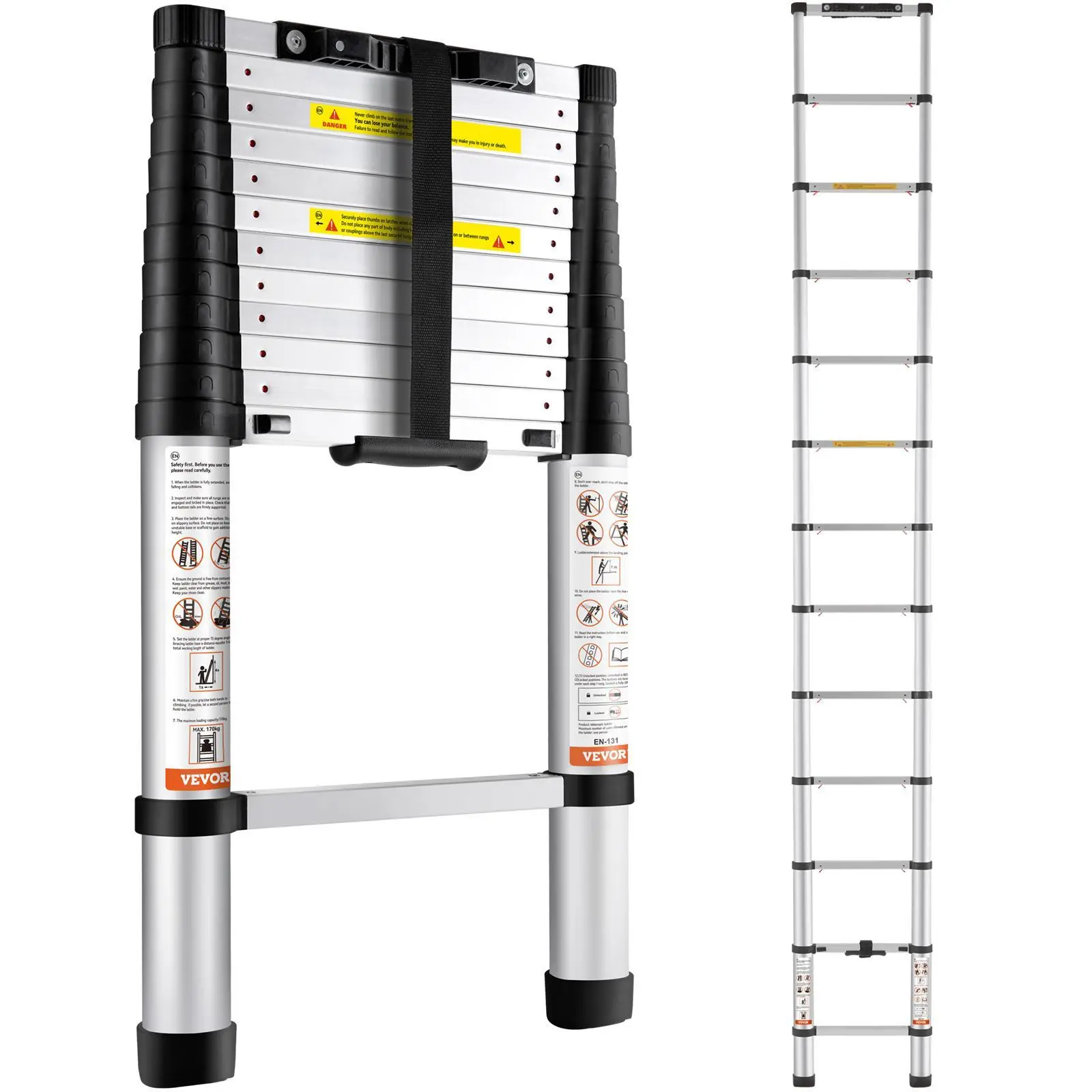 【Summerfinds】VEVOR Telescoping Ladder,    Aluminum One-button Retraction Collapsible Extension Ladder, Capacity with Non-slip Feet, Portable Multi-purpose Compact Ladder for Home, RV, Loft, ANSI Liste