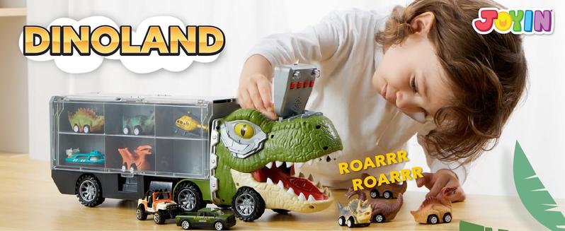 JOYIN 17inch 13 in 1 Dinosaur Transport Carrier Truck Set with 12 Pull Back Cars & 3 Die-cast Vehicles for Kids 3+ Year Old Boys Christmas Gifts Valentine's Day Gifts for Kids