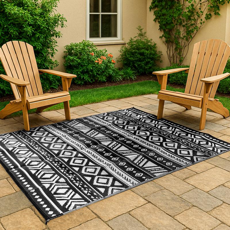 Utopia Home Waterproof Outdoor Rug for Patio, Reversible Plastic Straw Mat for Camping, Balcony, Picnics – 6x9 & 9x12 ft in Black & White, Grey, Navy Colors