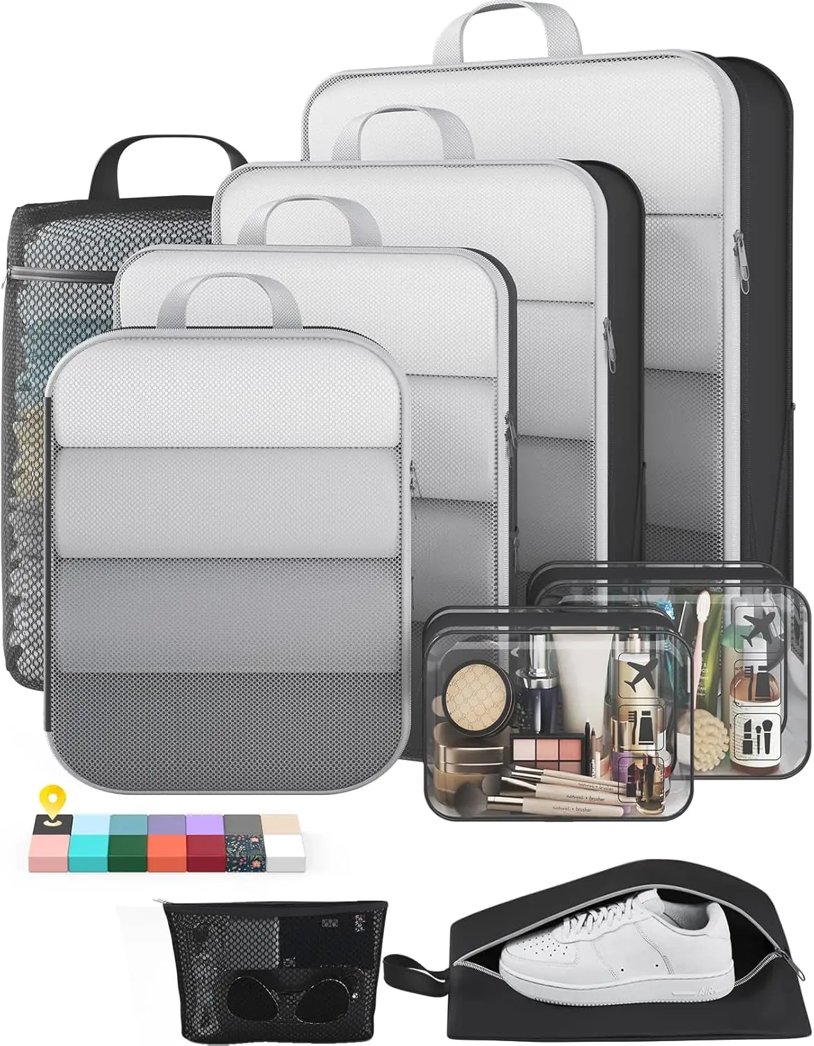 9/11 Set Compression Packing Cubes for Travel Essentials,Compressible Expandable Large Luggage Suitcase Organizer Bags for Clothing,Durable Space Saver Storage Bags with Toiletry Bags(Black)
