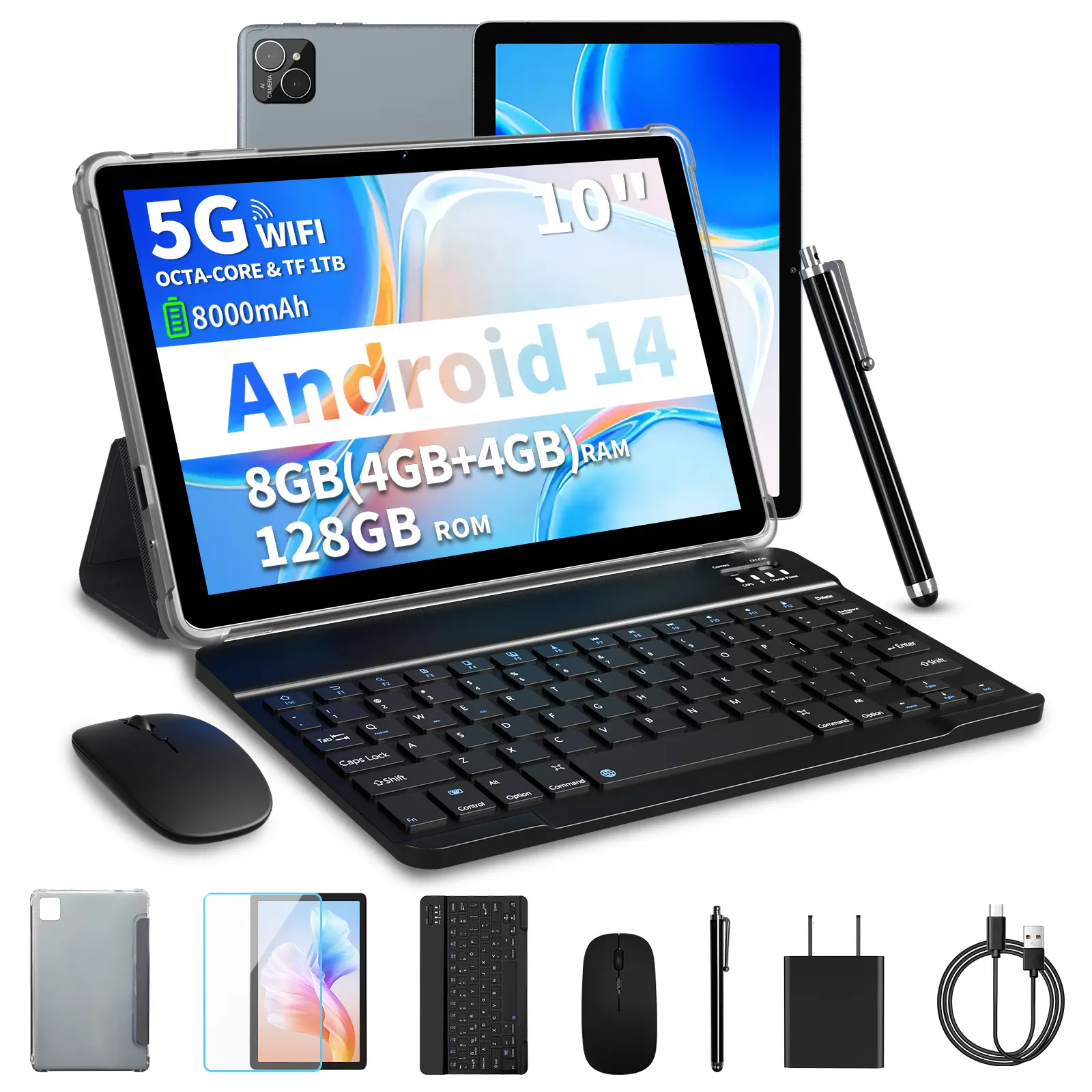 10 Inch Android Tablet with 5G WiFi, 8GB RAM, 128GB ROM, 8000mAh Battery, Octa-Core Processor, Includes Keyboard, Mouse, Pen, and Accessories