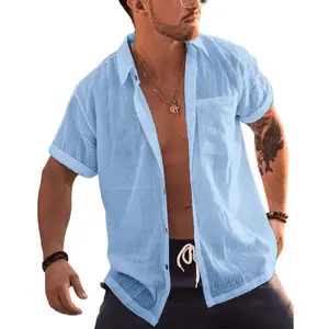 Runcati Men's Short Sleeve Button Up Shirts Linen Cotton Beach Tops Spread Collar Plain Summer T Shirt with Pocket