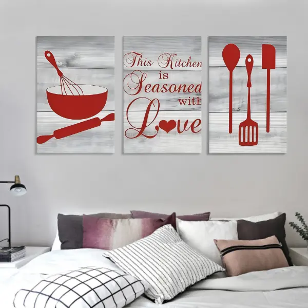 3 Exquisite Wooden Frame Canvas Wrapped Paintings This Kitchen Is Full of Love, Kitchenware, Country Style Kitchen Art, Red Kitchen Decoration Poster Room Aesthetics, Ideal Gift Hanging Print Ornaments Artistic Wall Photo
