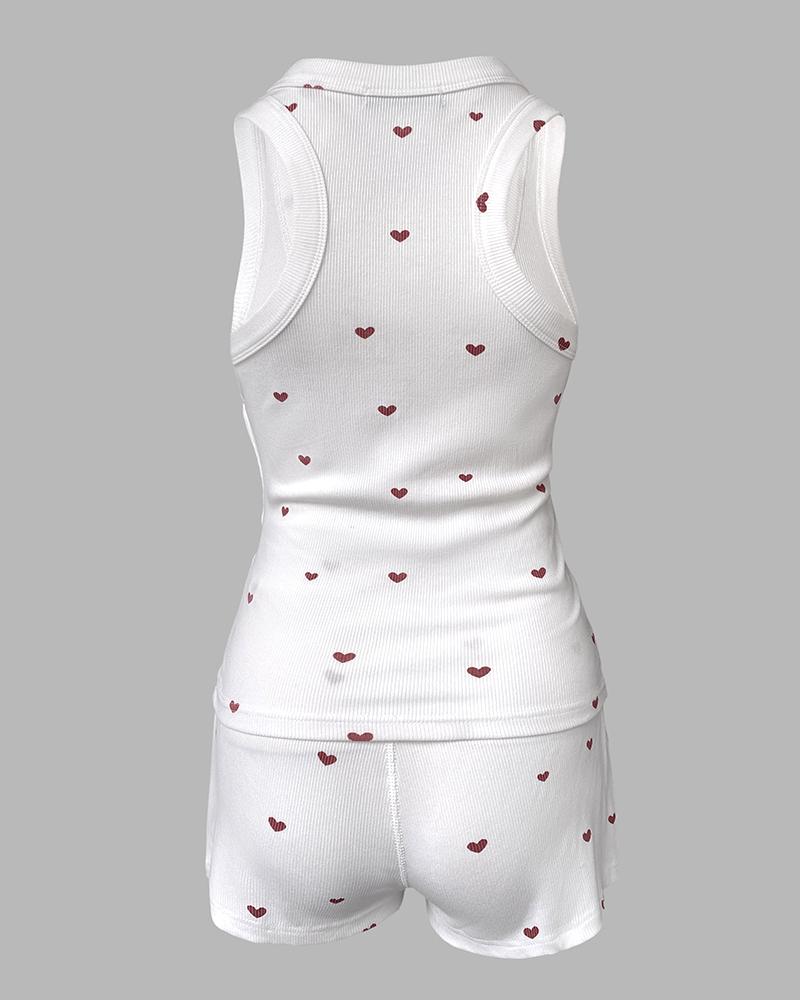 ChicMe Women's 2 Pieces Pajamas Set/Heart Pattern Pajama Set for Women Heart Pattern U Neck Sleeveless Tank and Casual Strechy Waist Shorts Set