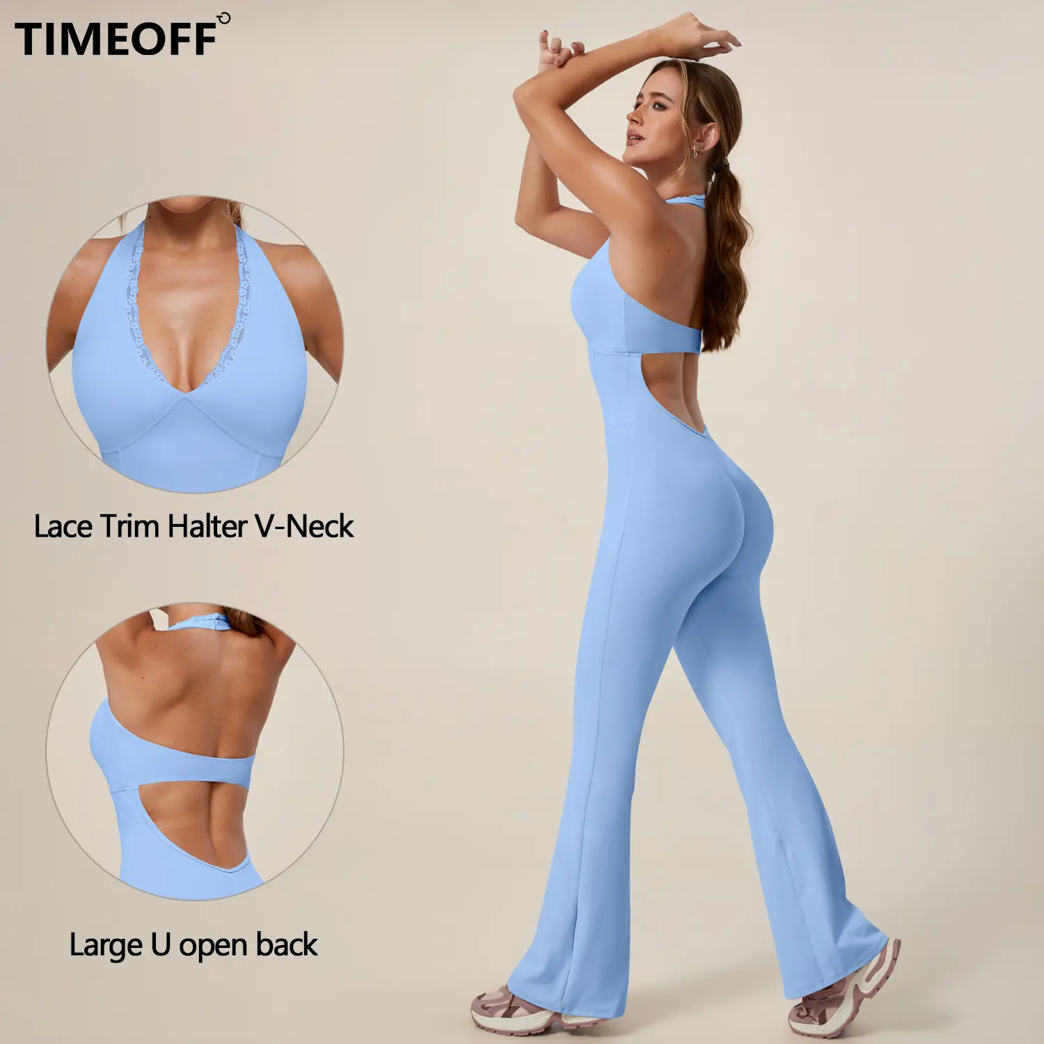 TIMEOFF Women's Backless Halter Sporty Jumpsuit - Soft Stretch Moisture-Wicking Fabric, Athletic Style Activewear Clothing, Workout Outfit for Yoga & Gym, Backless Sports Jumpsuit,summerwins,travel essentials,camping essentials