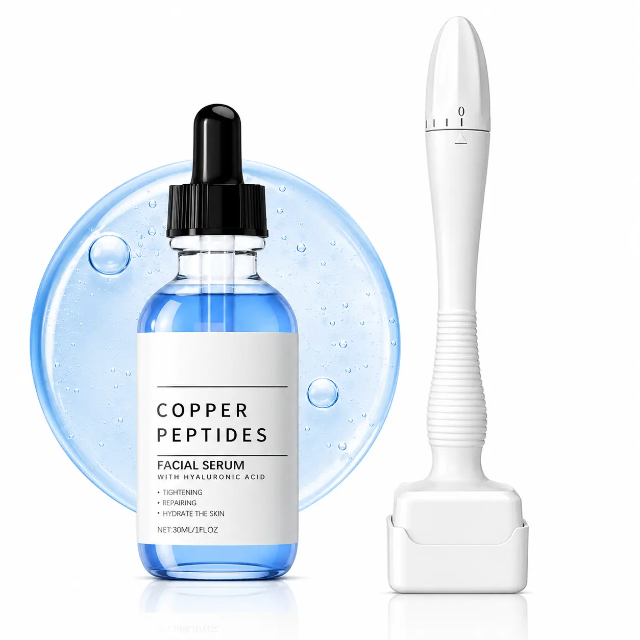 GHK-Cu Copper Peptide Serum + Adjustable Microneedle Stamp Kit, 30ml Hydrating Facial Skincare Set with Hyaluronic Acid