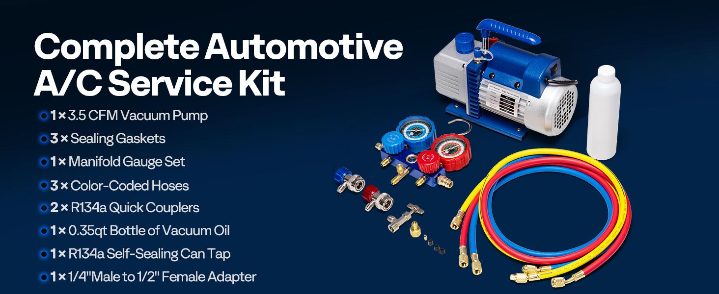 VIVOHOME AC Vacuum Pump and Manifold Gauge Set, 3.5 CFM 1/4 HP Single Stage Car AC Vacuum Pump Kit with 5ft Hoses for R134a R12 R22 R502, AC Service Kit for HVAC Mini Split Air Conditioner