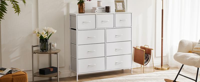 Fabric Storage Tower with 9 Drawers,  Chest of Drawers with Fabric Bins,Bedroom Drawer Dresser Organizer, Steel Frame and Wood Top