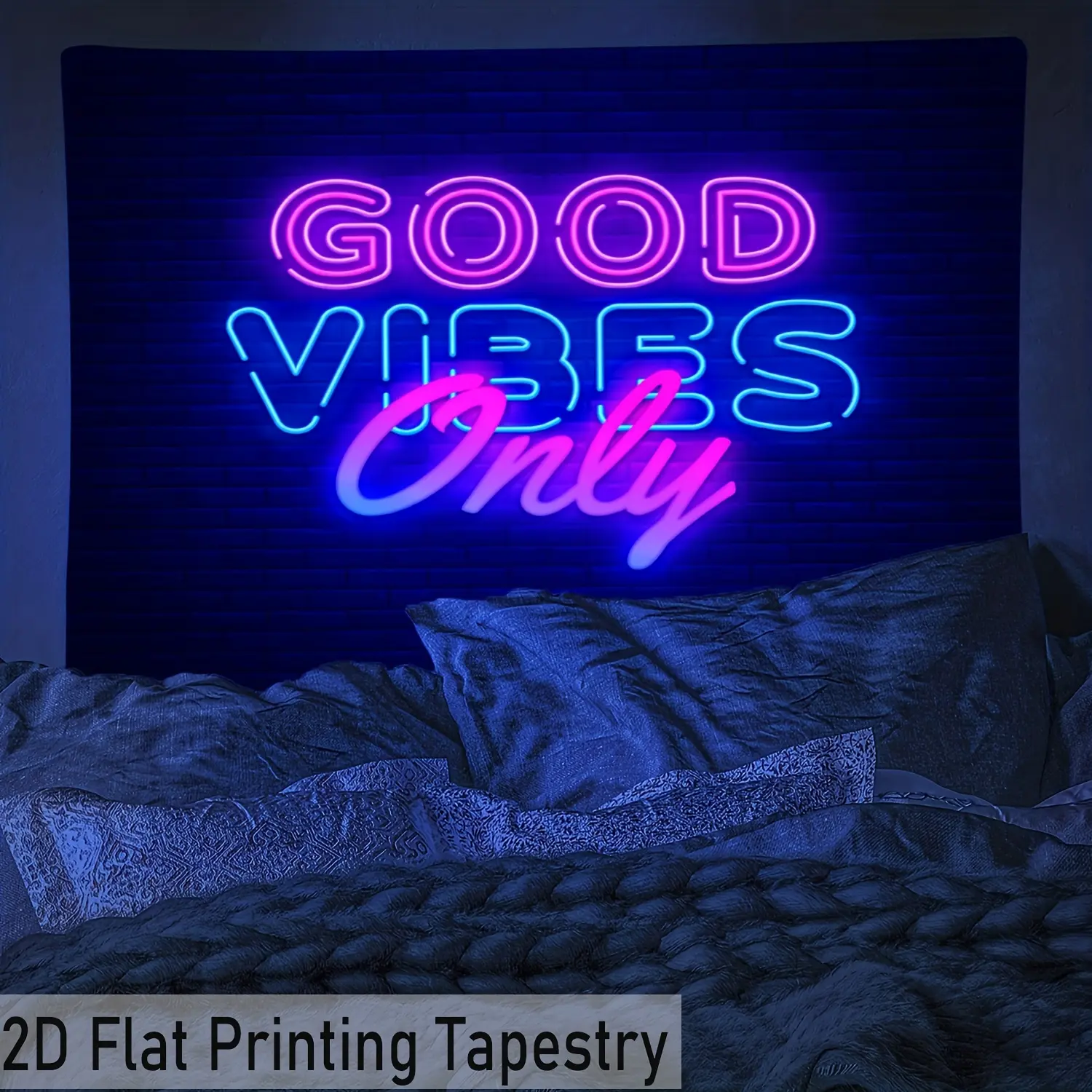 Flat, 1pc "Good Vibes Only" Neon Tapestry - Vibrant Purple & Pink Glow-in-the-Dark Wall Hanging, Easy-to-Hang Polyester Fabric for Bedroom, Living Room, Dorm Decor, Bedroom Decor | Modern Aesthetic | Easy Hang Tapestry, Bedroom Decorations tiktokshopsprin