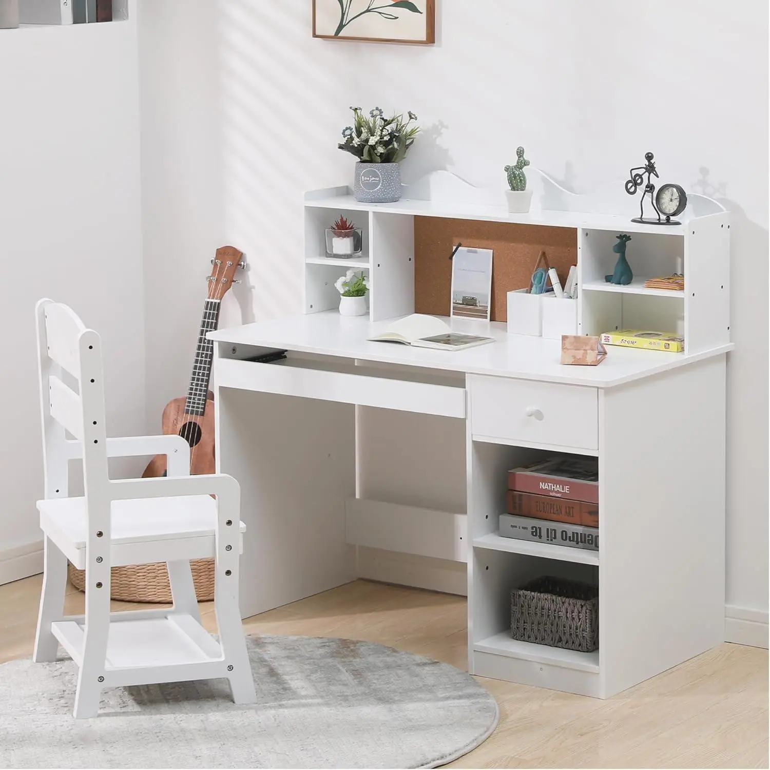 Gaomon MDF Wood Study Desk and Chair Set - Learning Desk with Bulletin Board, Keyboard Drawer, Open Shelves, Storage Rich Design - Perfect for Home Study Use,sohochic