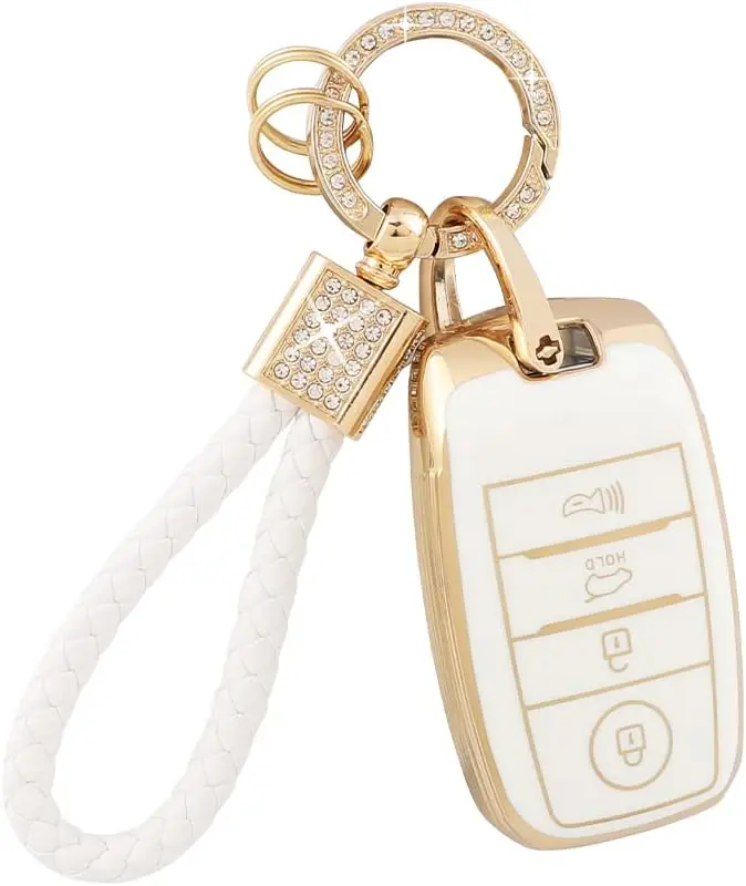 Bling 4-Button Car Key Fob Cover for Kia Optima Soul Sportage Sorento Forte Rio Niro - Soft TPU Shell, Full Signal, Easy Press, Fade-Resistant Protector with Girly White Gold Keychain, Women's Car Interior Accessory w/Screwdriver, Car Interior Accessories
