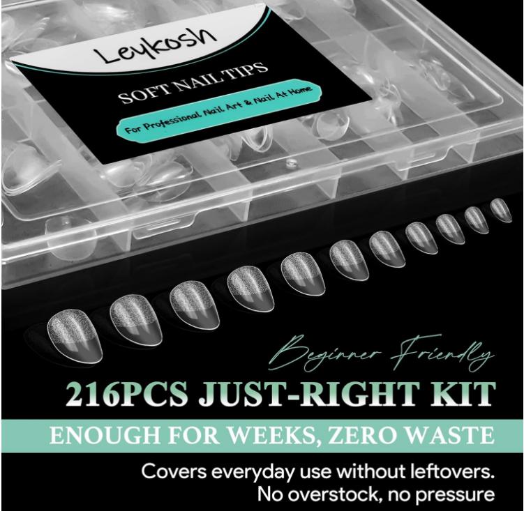 Extra Short Almond Nail Tips - 216pcs Soft Gel Full Cover Fake Nails, 70-Grit Pre-Sanded Matte Clear Press on Nails for Extension, DIY Home Manicure with 12 Sizes