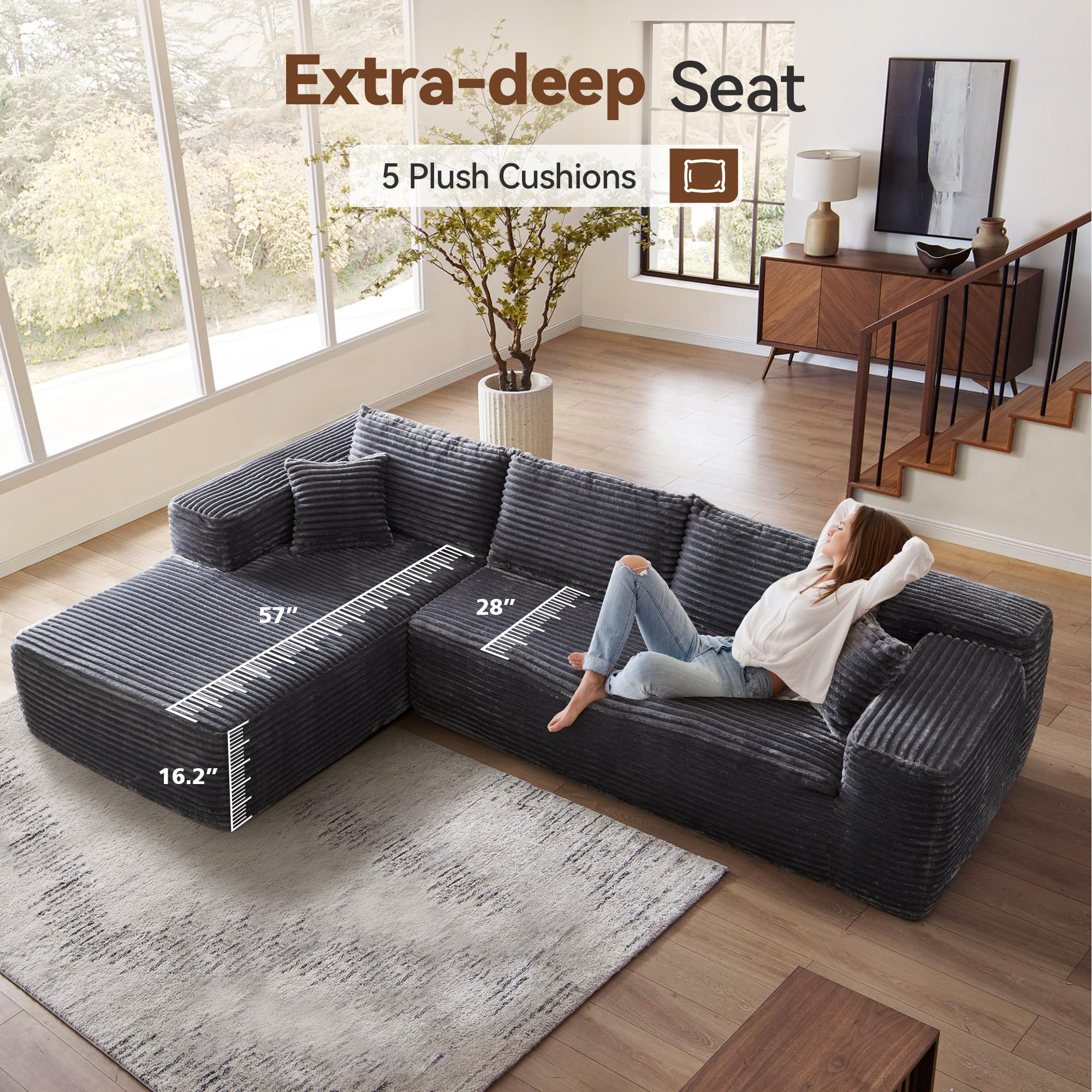 【3 Packages Shipping】Ovios 104" Modular Couch with Chaise and 59" W Oversized Round Sofa Bed - L-Shaped Sectional Sofa Set with Flexible Configuration, Plush Corduroy Cloud Velvet Fabric,No Assembly Required, 5 Seater