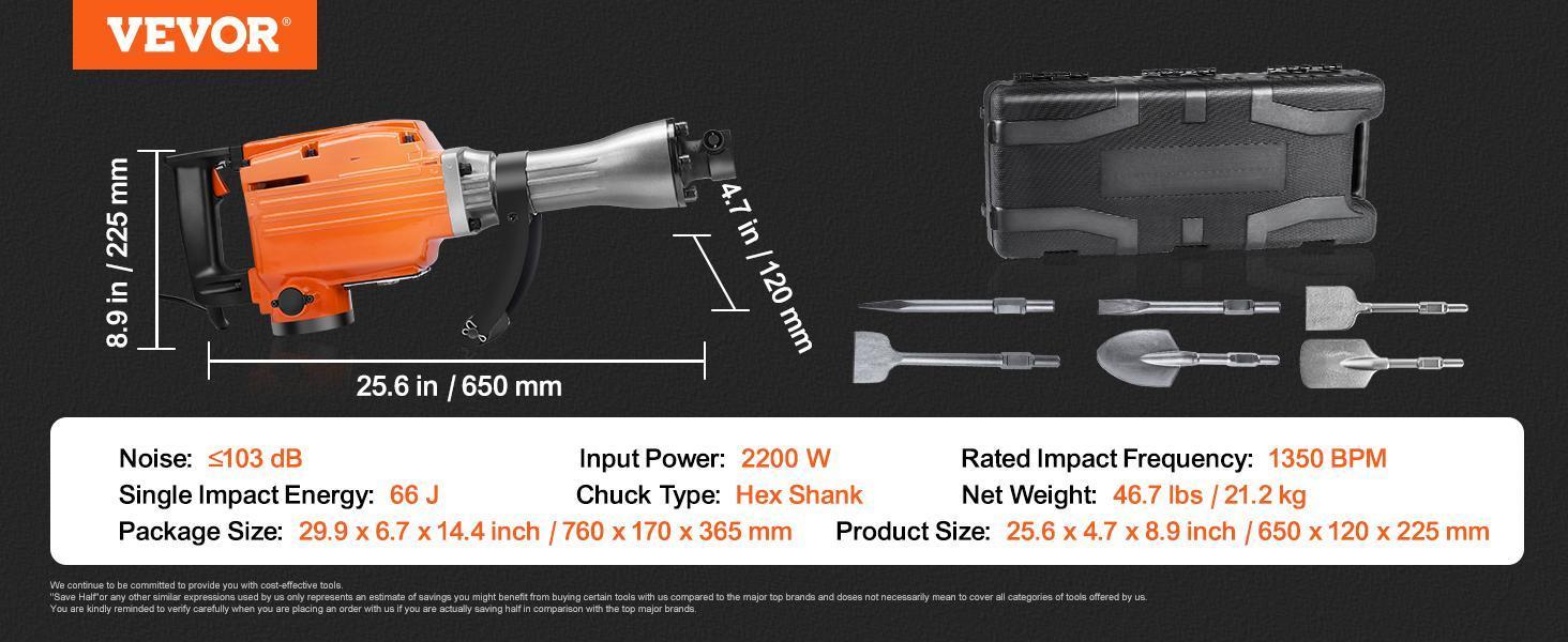 【Backtoschool】VEVOR Demolition Jack Hammer with 2/4/6 Chisel Bit,  360°C Swiveling Front Handle, Electric Hammer & Gloves for Concrete Breaking VEVOR Super Brand Day