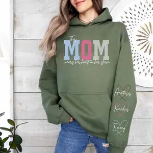 Personalized This Mom Wears Her Heart On Her Sleeve Hoodie With Kids Names, Custom Mama Sweatshirt, Mother's Day Gift for Mom, Mama Life Hoodie
