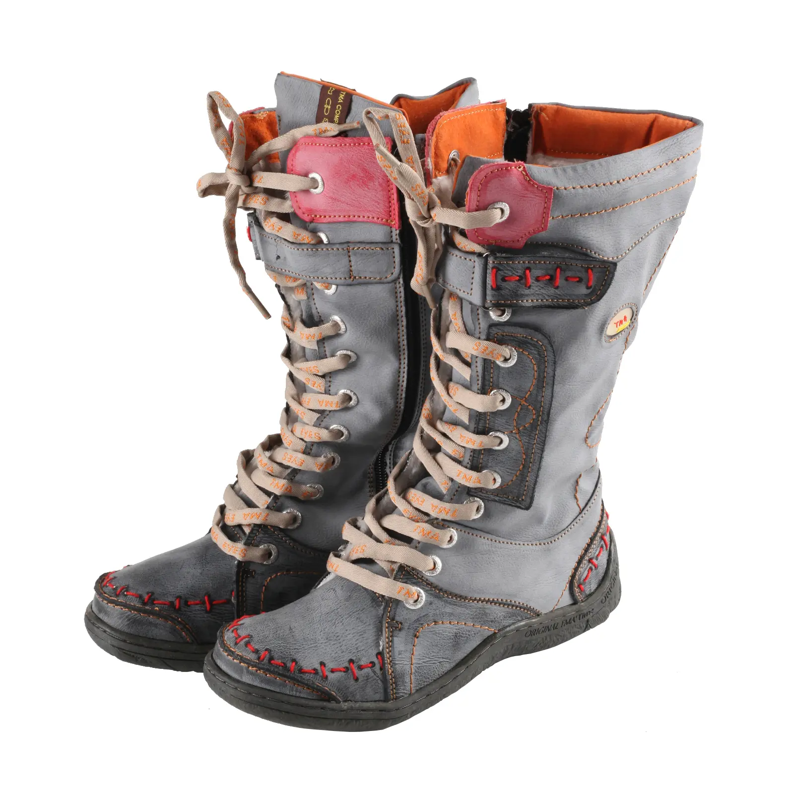 TMA EYES PU and Leather Patchwork with Handstitching Upper Lace-Up Faux Fur Lining Mid-calf Women's Boots sohochic