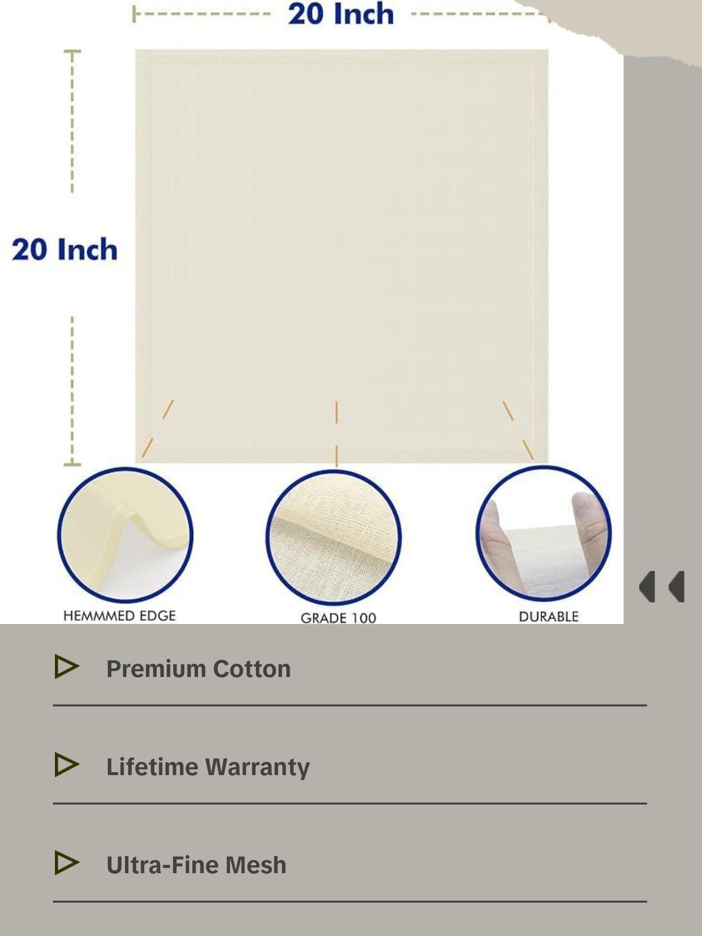 New England Stories Grade 100, 20x20 Inch Hemmed Organic Cheese Cloth Strainer