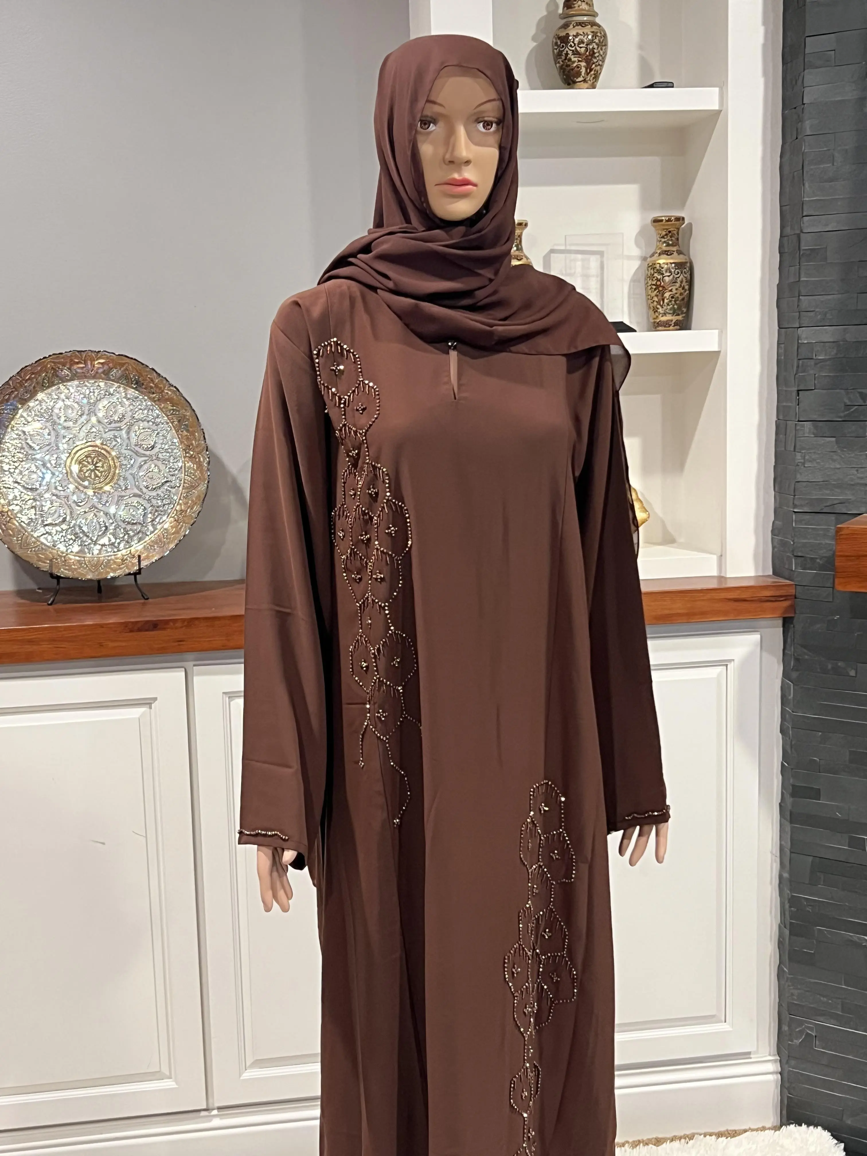 Closed Light Brown Abaya with Beaded Detailing and Elegant Design for Modest Wear Featuring Rich Brown Hue and Stylish Look