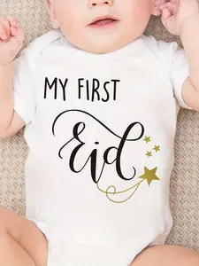 Ramadan Festival Baby Girl Boy Baby Triangle Onesie" My First Eid "Letter Print Newborn Cute Short Sleeve Climbing Clothes, for Outdoor