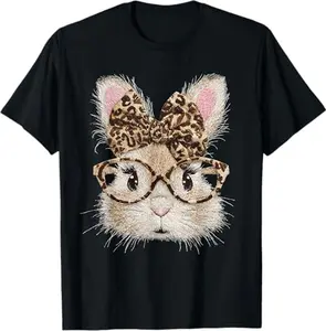 Funny Bunny Face Glasses Bandana Leopard Rabbit Happy Easter T-Shirt