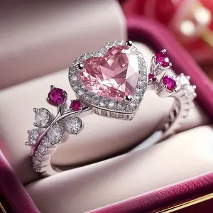 Women's Luxury Heart-Shaped Wedding Ring with Pink Synthetic Zirconia Inlay - Bling Bling Bridal Jewelry, April Birthstone Promise Ring for Valentine's Gift & Everyday Suitable for Weddings//banquets