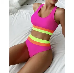 Trending Women's High-Waisted Colorblock Bikini Set - Trendy Two-Piece Swimsuit for Beach Vacation and Sunbathing
