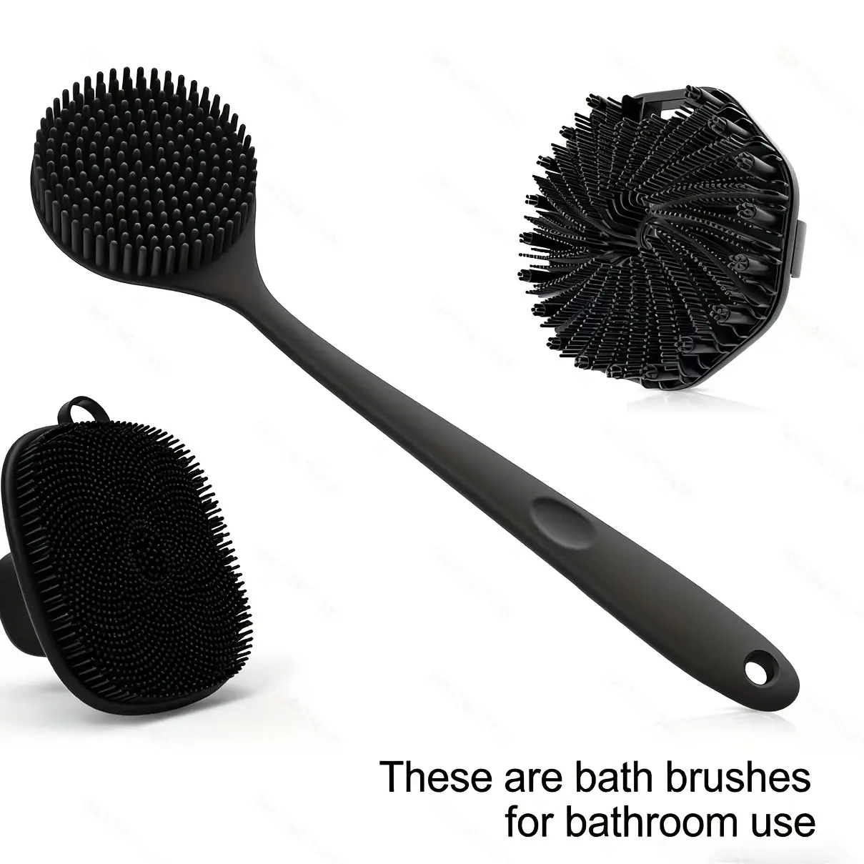 3-Piece Silicone Bath Brush Set | Long Handle Back Scrubber + Facial Cleansing Brush + Body Exfoliating Brush