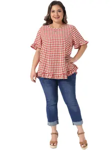Agnes Orinda Plus Size Gingham Tops 1950s Vintage Plaid Round Neck Ruffle Sleeve Back Button Blouses