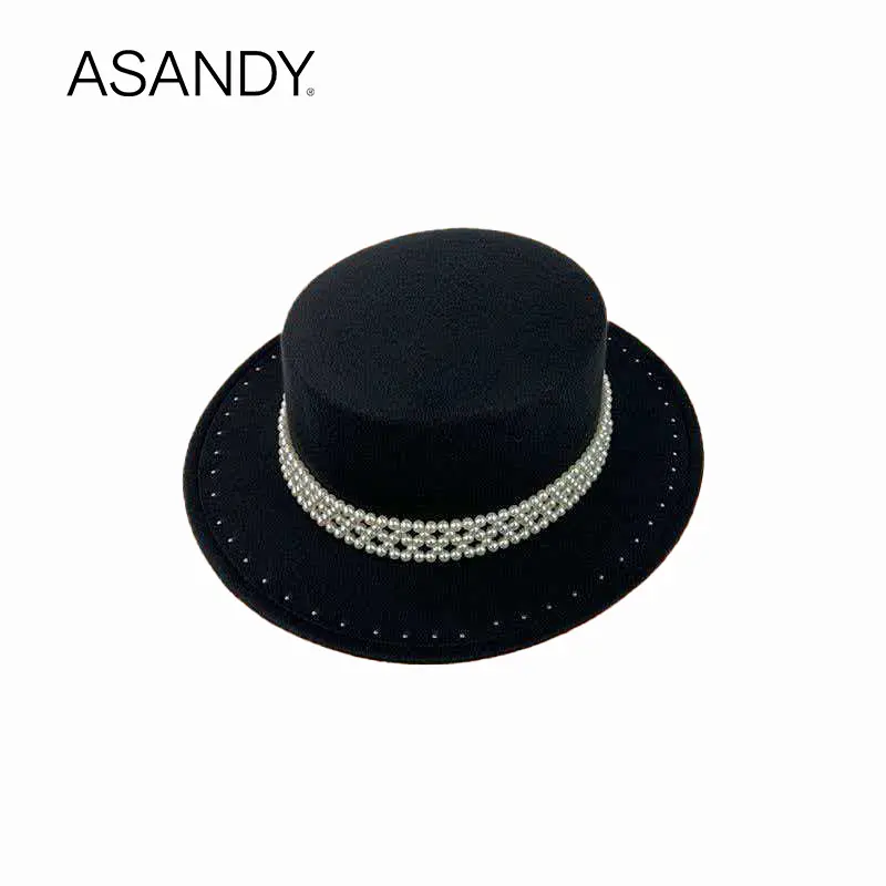 ASANDY Women's Wool Felt Boater Hat, Elegant Flat Top Winter Cap with a Pearl and Rhinestone Trim, Flat Top Cap, Felt Fabric Hats, Boater Shape Brings Classic Elegance, Wool Felt Feels Cozy