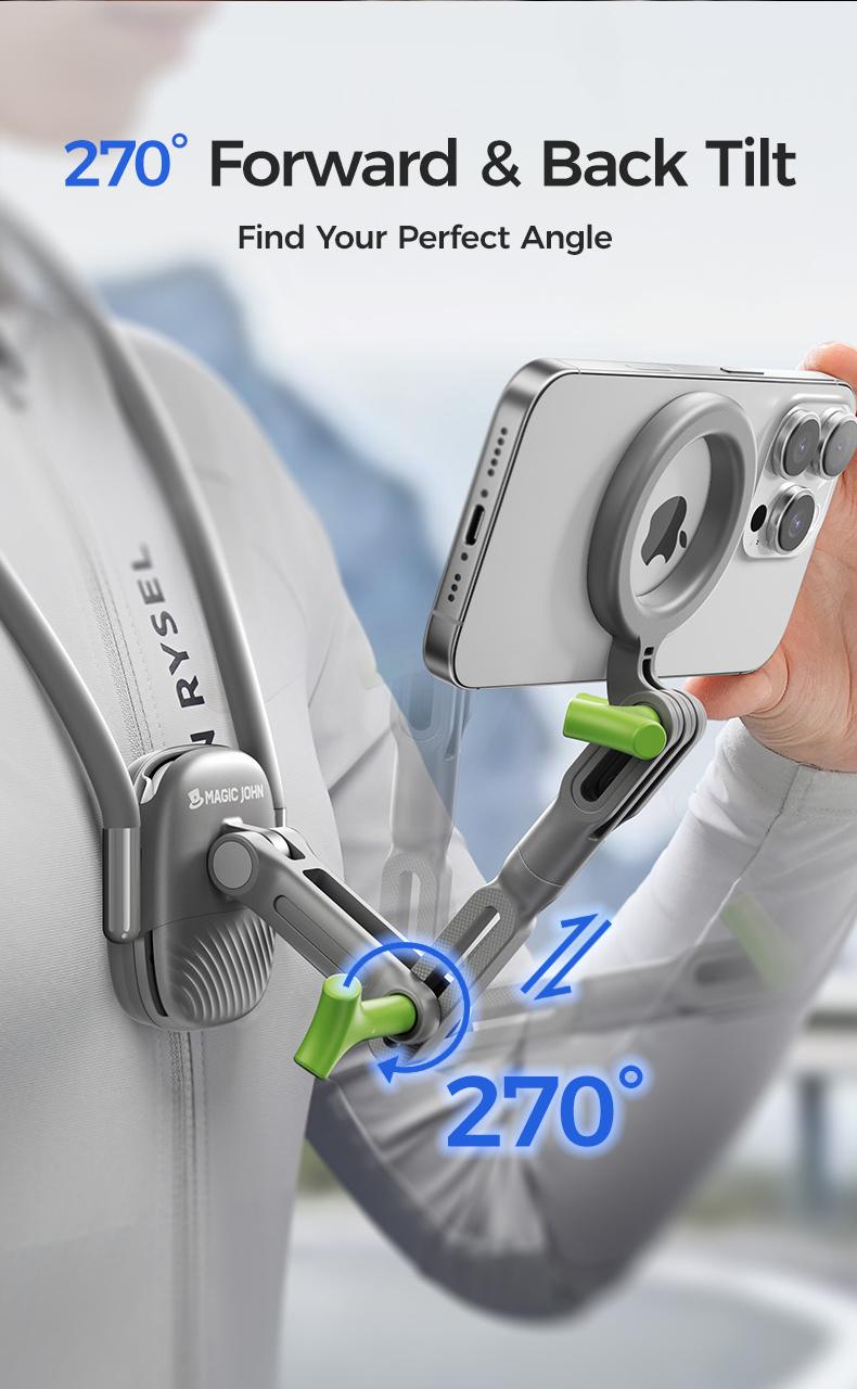 MAGIC JOHN Magnetic Neck Phone Mount – Hands-Free Vlogging, TikTok Live & Travel Filming | 360° Adjustable & Wearable