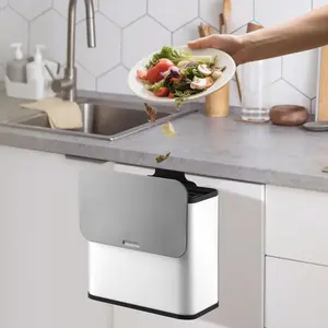 Garvee Odor-Controlled Stainless Steel Kitchen Compost Bin - 1.3 Gallon Hanging Trash Can with Lid, Inner Removable Bucket, Charcoal Filter, Wall-Mount or Countertop Soft-Close Waste Bin in White