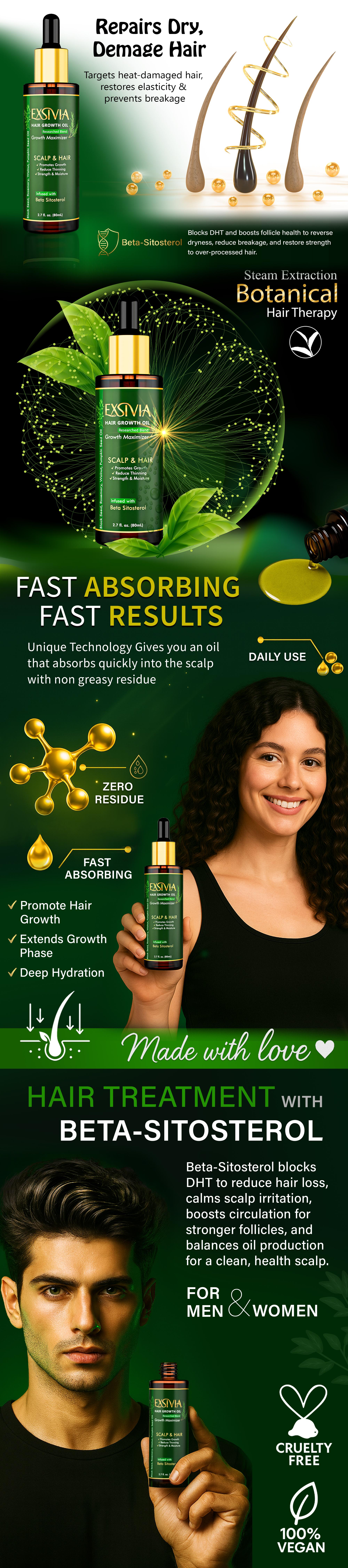 EXSIVIA Hair Growth & Strengthening Oil 80ml Infused with Beta-Sitosterol & Rosemary CO₂ for All Hair Types - Moisture Hydrating & Root Enhancer Formula