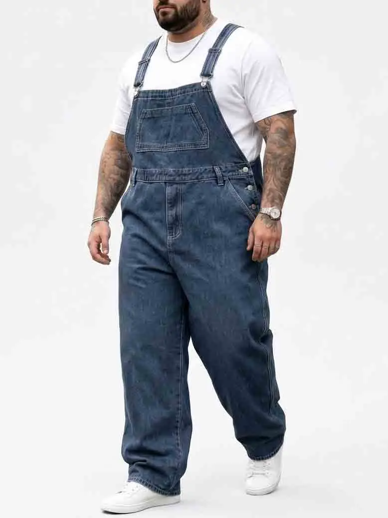 Men's Big & Tall Solid Heavy-Duty Denim Bib Overalls - Loose Pant Overalls with Adjustable Strap, Plus Size Straight Leg Workwear Jumpsuit, Multi Pockets, All Seasons, Do Not Bleach for Work Casual Plain Denim Overalls Loose Overalls Jumpsuits Fashion Cas