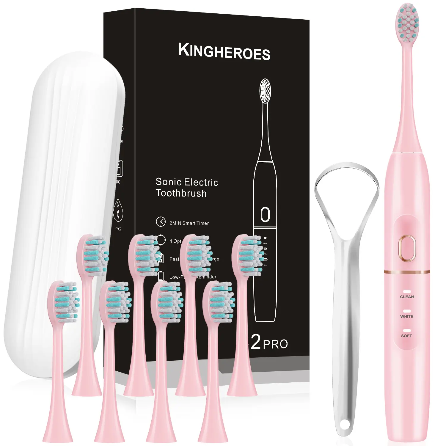Rechargeable Electric Toothbrush Set, 4 Modes IPX8 Waterproof with 8 Brush Heads and Tongue Scraper, USB Charging Smart Timer, Portable Travel Case, 42000 VPM Ultrasonic Motor, Personal Care Appliance