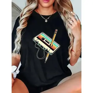 Retro 80s 90s Cassette Print Graphic T-Shirt - Women'S Casual Crew Neck Short Sleeve Tee, Black with Colorful Music Note Design, Perfect for SpringSummer Parties & Vintage Style Events Vintage Style Tee  Music note