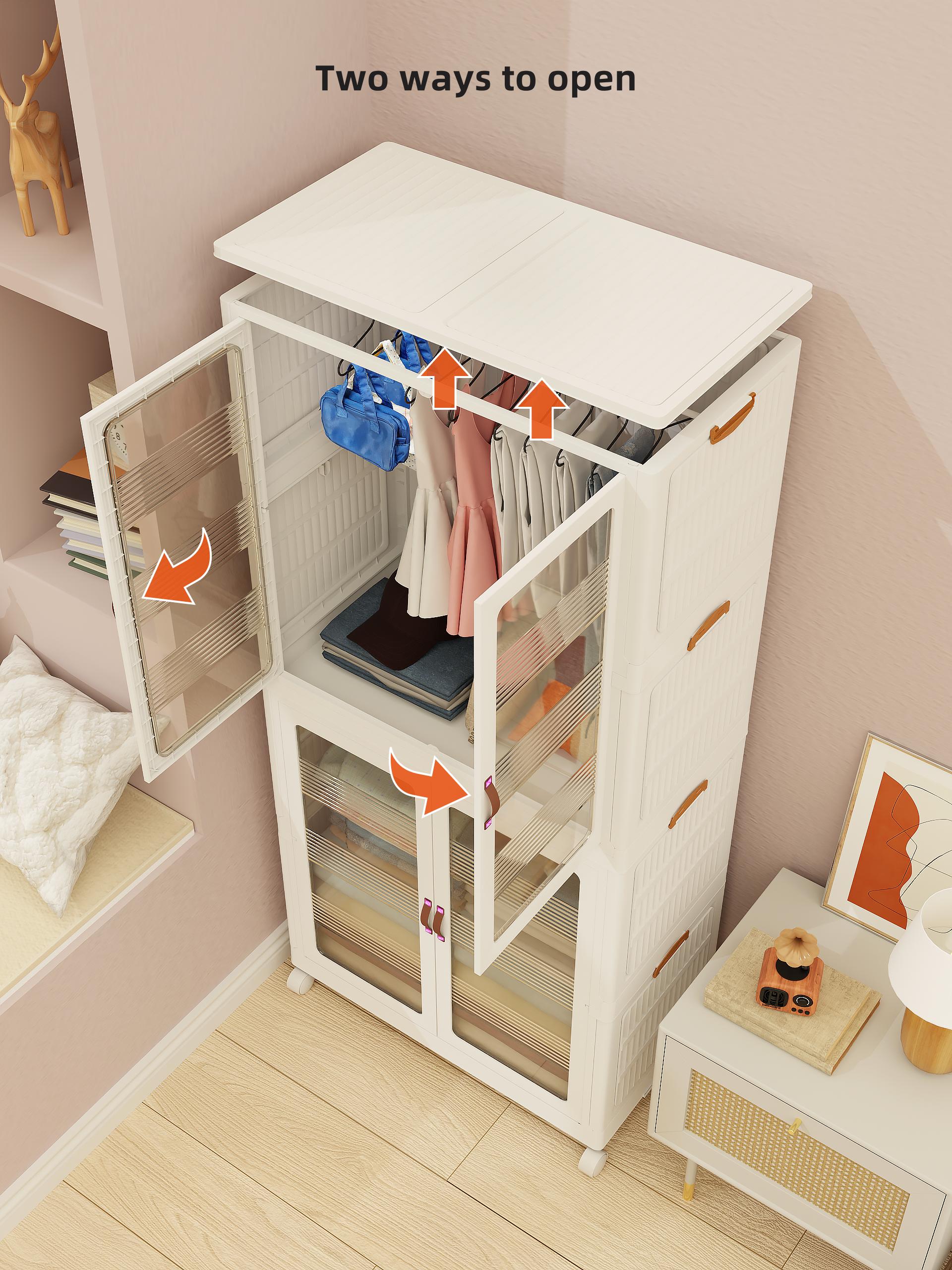 Easy-to-assemble plastic storage cabinet with lid | Divided compartments + large capacity + stackable and foldable design + with wheels | A mobile storage cabinet suitable for any home.