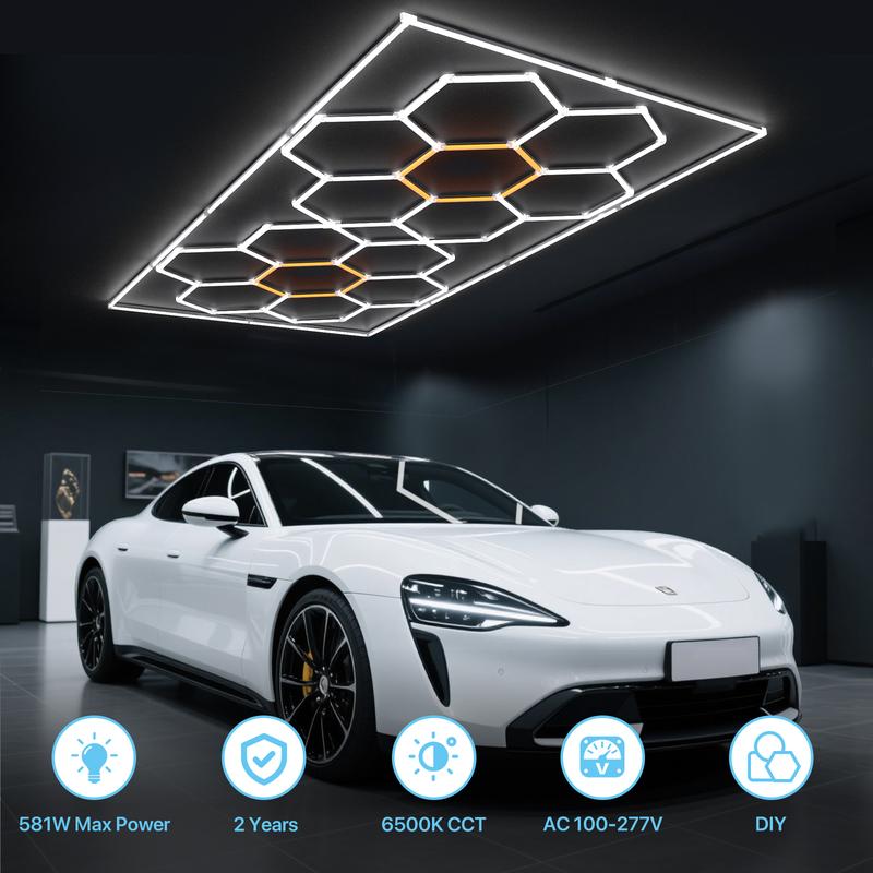 HYPERLITE Color Glow, Garage Lights, Honeycomb Design, Rectangle Frame Modular Lighting, LED Ceiling Light, 568W-624W 56800LM-62400LM, 6500K Bright White, for Garages, Workshops, Gyms, Studios,  Barber Shops, Decorative Spaces，Jumpstart newyear