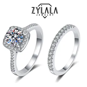 [245 0.5CT&Round Band] 0.5CT Synthetic Moissanite Square Ring + Eternity-band Set Square Halo Design 925 Sterling Silver Promise Ring Engagement Wedding Gift