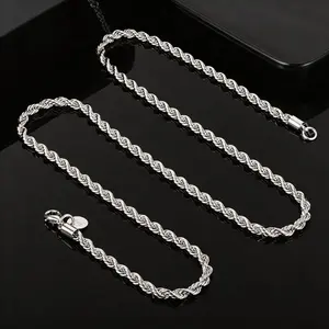 925 silver-plated Rope Chain Twist Necklace Wedding Engagement Jewelry 4MM,Hypoallergenic & Tarnish-Resistant, Durable Hip Hop Jewelry for Daily Wear