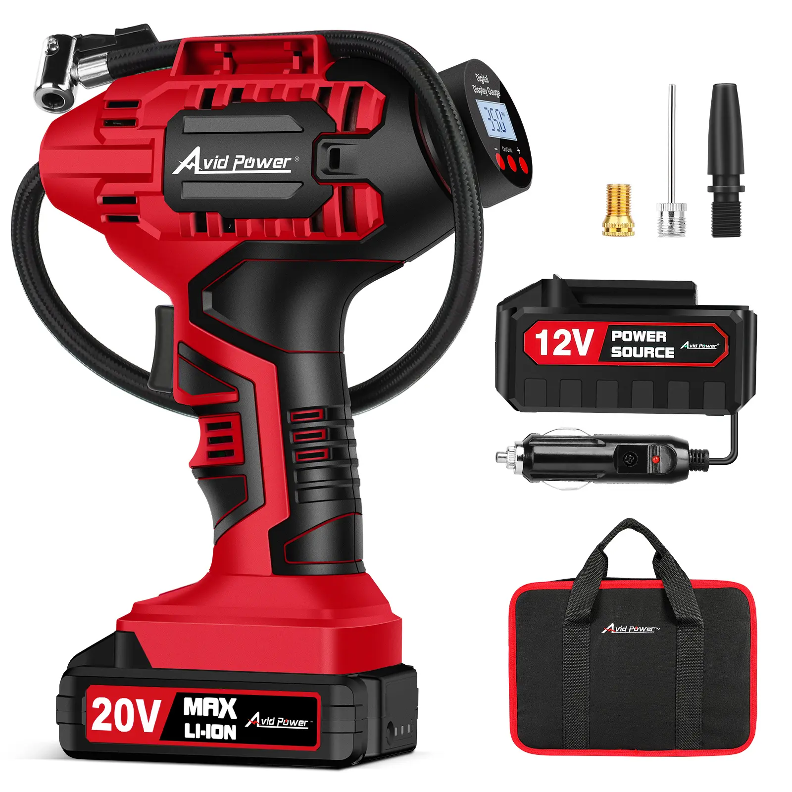 AVID POWER Cordless Tire Inflator Portable Air Compressor, 20V Rechargeable Battery Powered Car Tire Pump with 12V DC Adapter, Digital Pressure Gauge, Auto Shut-off Tire Inlfator for Car, Bicycle, Motorcycle and Small Inlflatables