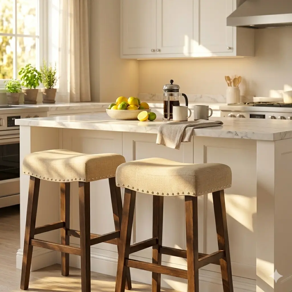 PrimeZone Counter Height Saddle Stools Set of 2 - 26 Inch Backless, 4.3" Thick Upholstered Linen Fabric with Nailhead Trim & Solid Wood Legs, for Kitchen Islands, Dining Chairs, Bar Decor, Beige