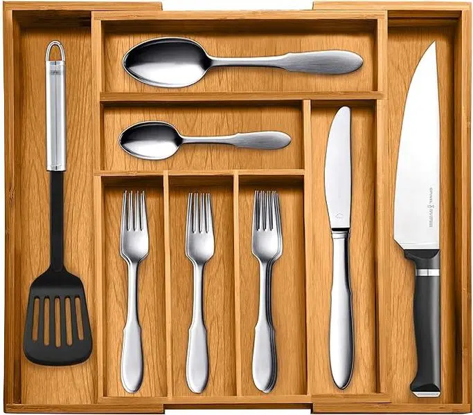 Bellemain Expandable Bamboo Drawer Organizer Insert - 8-Slot Storage Tray for Kitchen Utensils, Cutlery, Silverware, Desk Organization