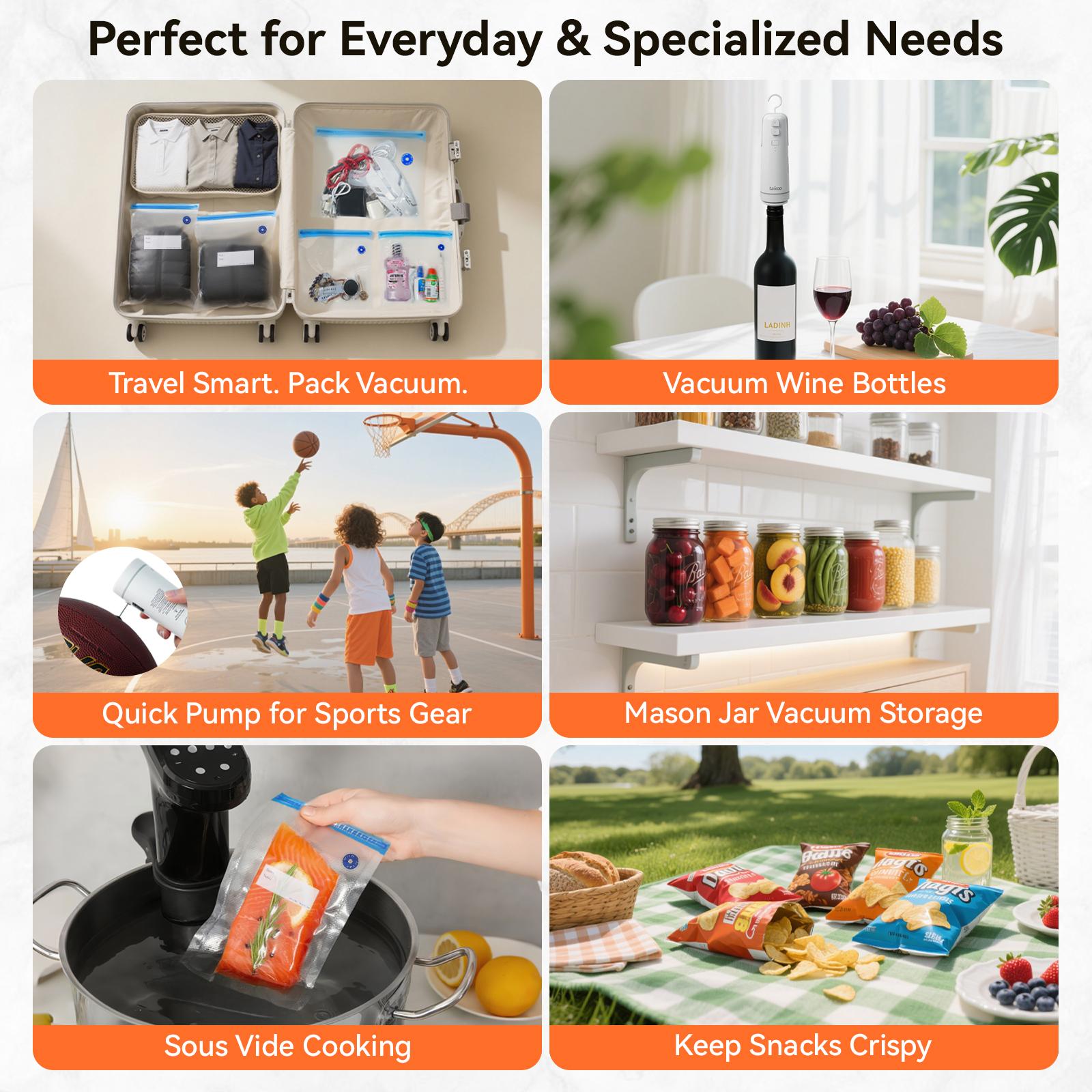 TAKOO Cordless Handheld Vacuum Sealer Kit, 3-in-1 Food Saver for Bags, Mason Jars & Wine Bottles, Seals Snacks & Inflates Balls, with Bonus Reusable Bags