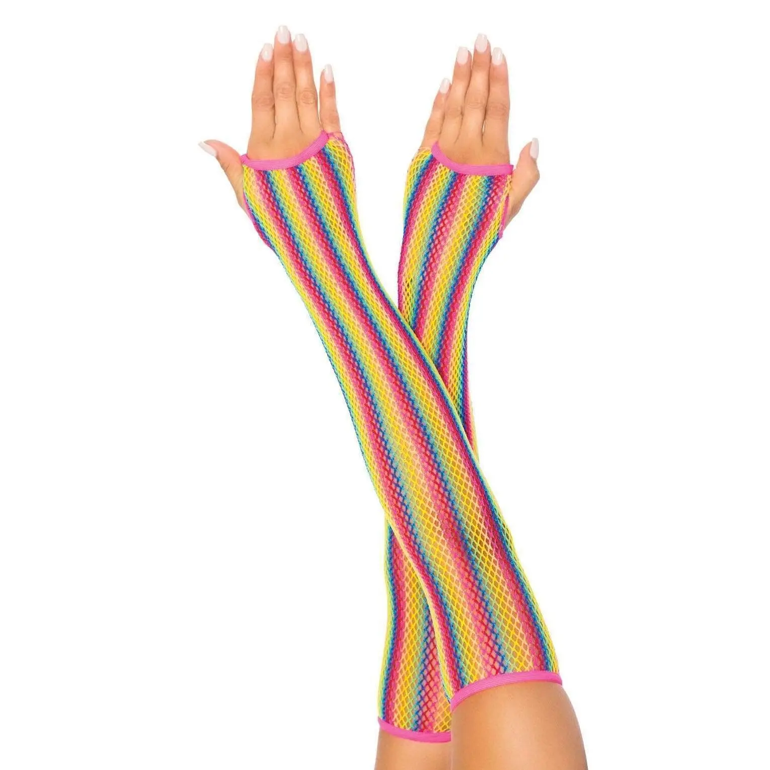 Women's Fingerless Triangle Net Fishnet Mesh Arm Warmer Gloves - Nylon Blend, Rainbow-Striped Fashion Accessory for Pride, DIY Cosplay, One Size Fits All, Fingerless Gloves