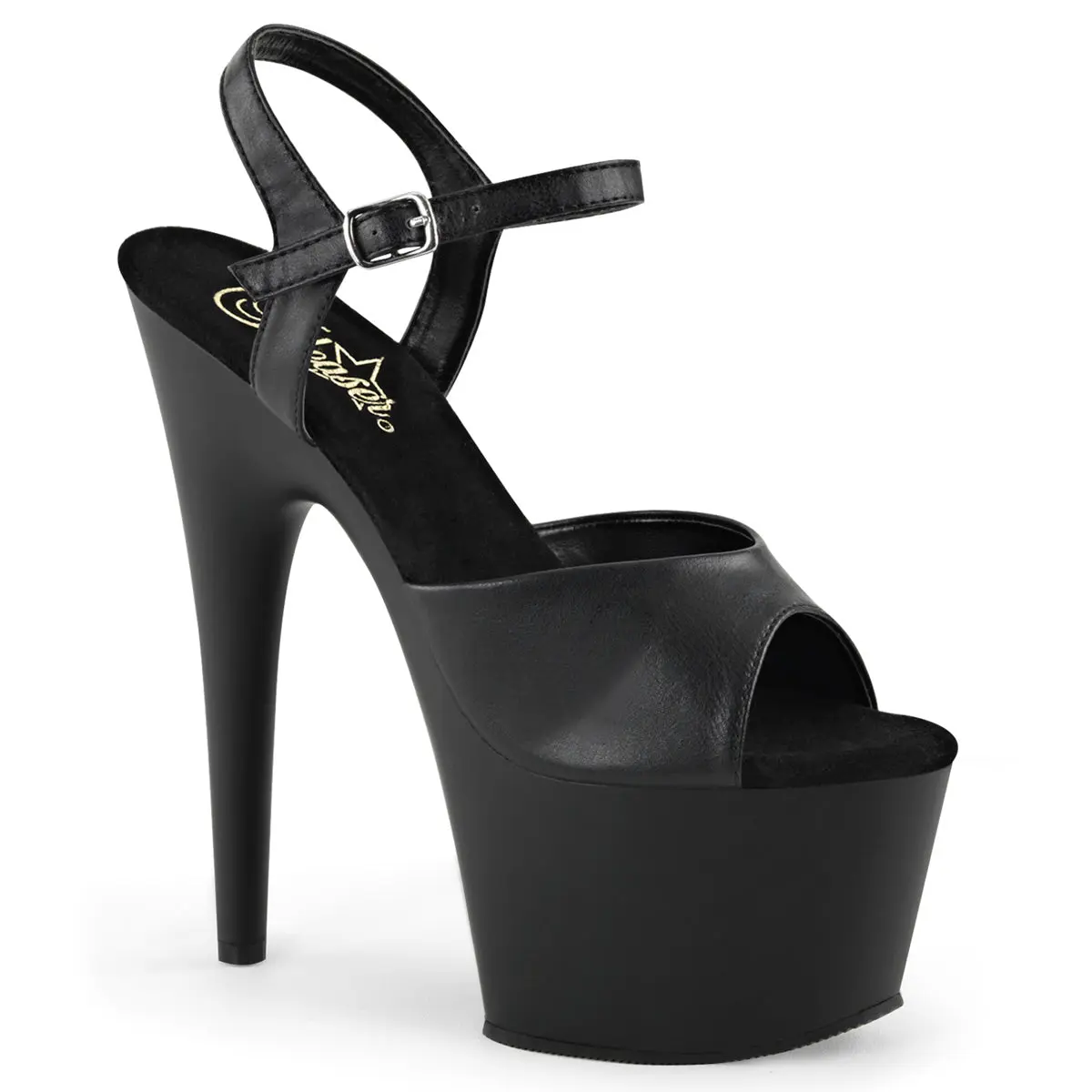 Pleaser Adore-709 Women's Platform Sandals, Elegant Vegan Leather 7-Inch Stiletto High Heels with an Adjustable Ankle Strap, Black Vegan Leather/Black, 7" (17.8Cm) Stiletto Heel, Stylish, Black High Heels