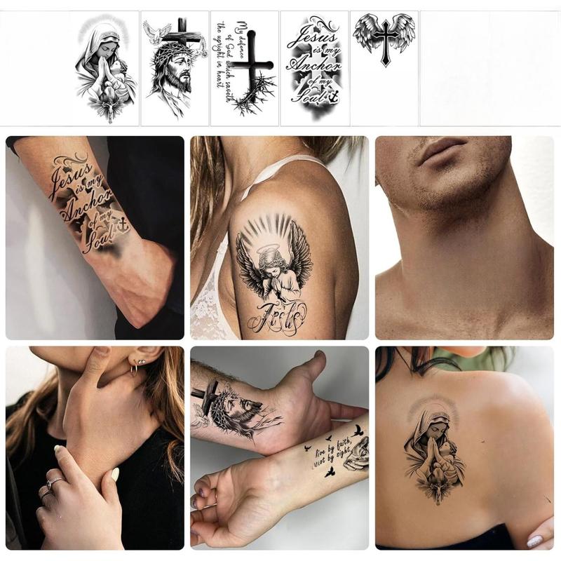 77 Sheets Christian Temporary Tattoo Adult Men Women Kids Religious Jesus Cross God Christ Catholic Realistic Half Sleeve Body Fake Tattoos Stickers